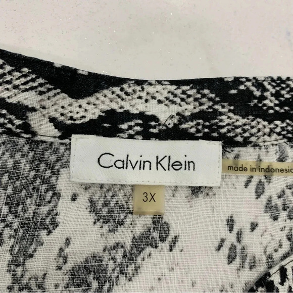 Calvin Klein Linen Blouse Top Woman 2X Snake Print Buttons Black White - Picture 8 of 12